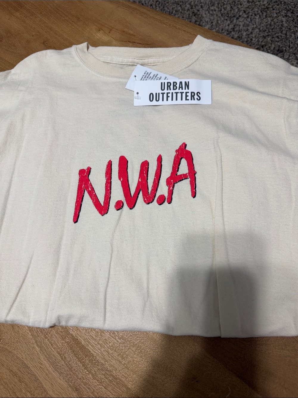 Urban Outfitters Cream Short-Sleeve Tee with Red N.W.A Graphic